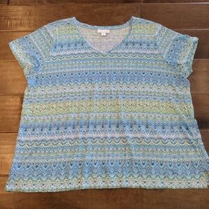 J.JILL Women's blue green Chevron short-sleeve 100% Linen Tee - L Petite LP